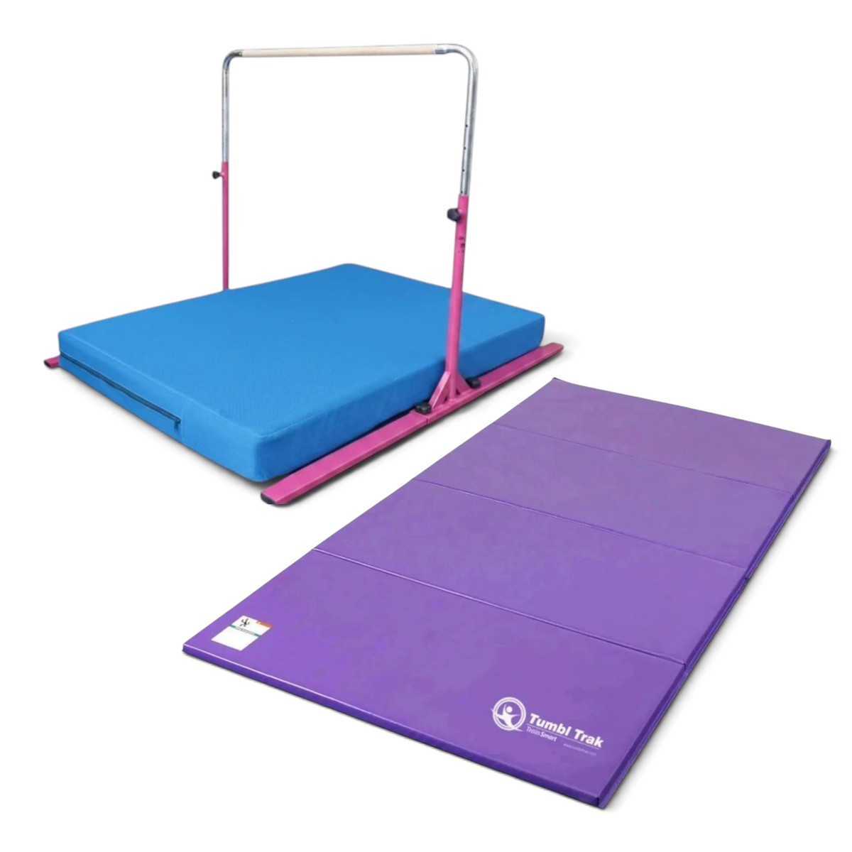 UK Gym Pits Junior Bar Pro package with pink gymnastics bar, blue practice mat, and purple folding tumbling mat.