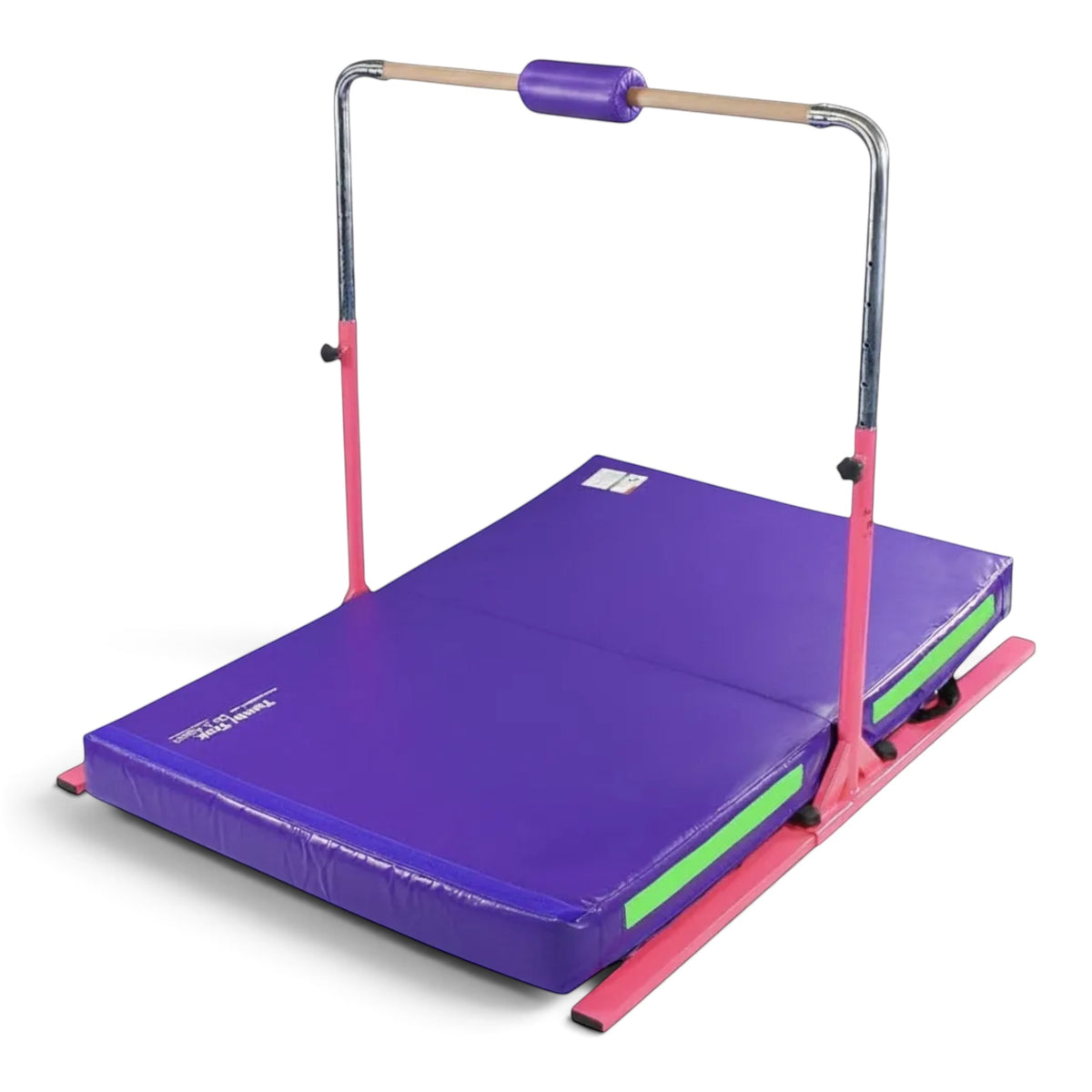UK Gym Pits Junior Bar Pro package with pink steel frame, wooden bar, purple bar pad, and purple and lime green mat.
