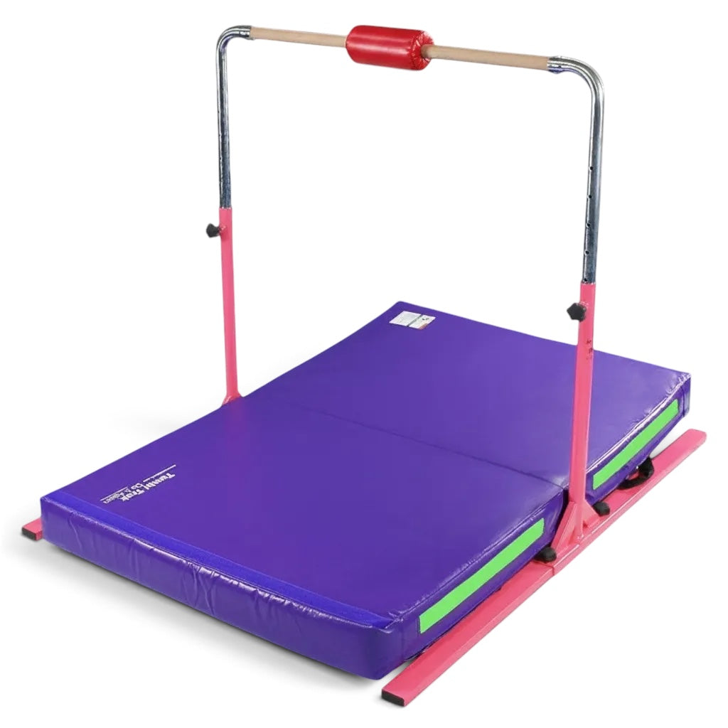 UK Gym Pits Junior Bar Pro package with pink steel frame, wooden bar, red bar pad, and purple practice mat