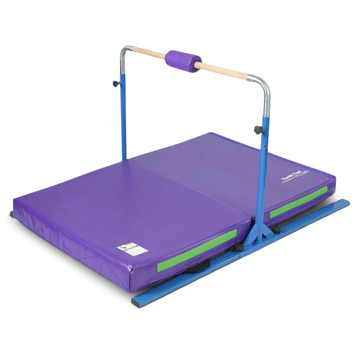 UK Gym Pits Junior Bar Pro package with blue steel frame, wooden bar, purple bar pad, and purple and lime green mat.