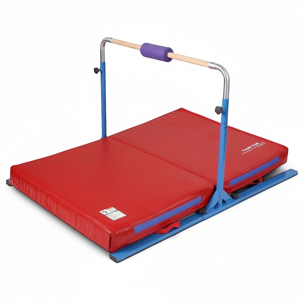 UK Gym Pits Junior Bar Pro package with blue steel frame, wooden bar, purple bar pad, and red folding practice mat.