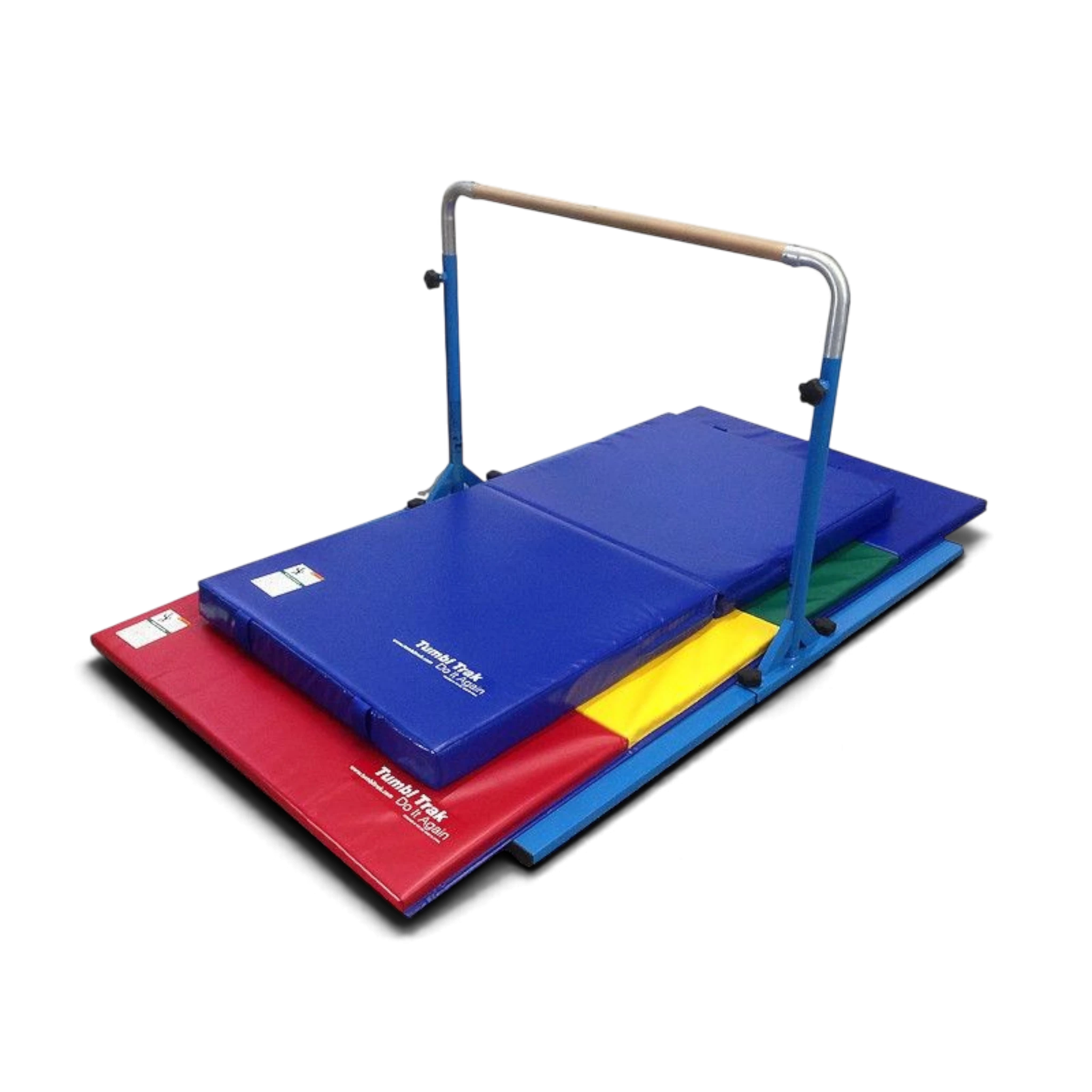 UK Gym Pits Junior Bar Pro package with blue gymnastics bar, tumbling mat, and practice mats for home training
