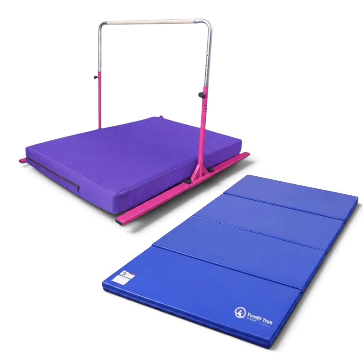 UK Gym Pits Junior Bar Pro package with a pink gymnastics bar, purple practice mat, and a blue folding tumbling mat.