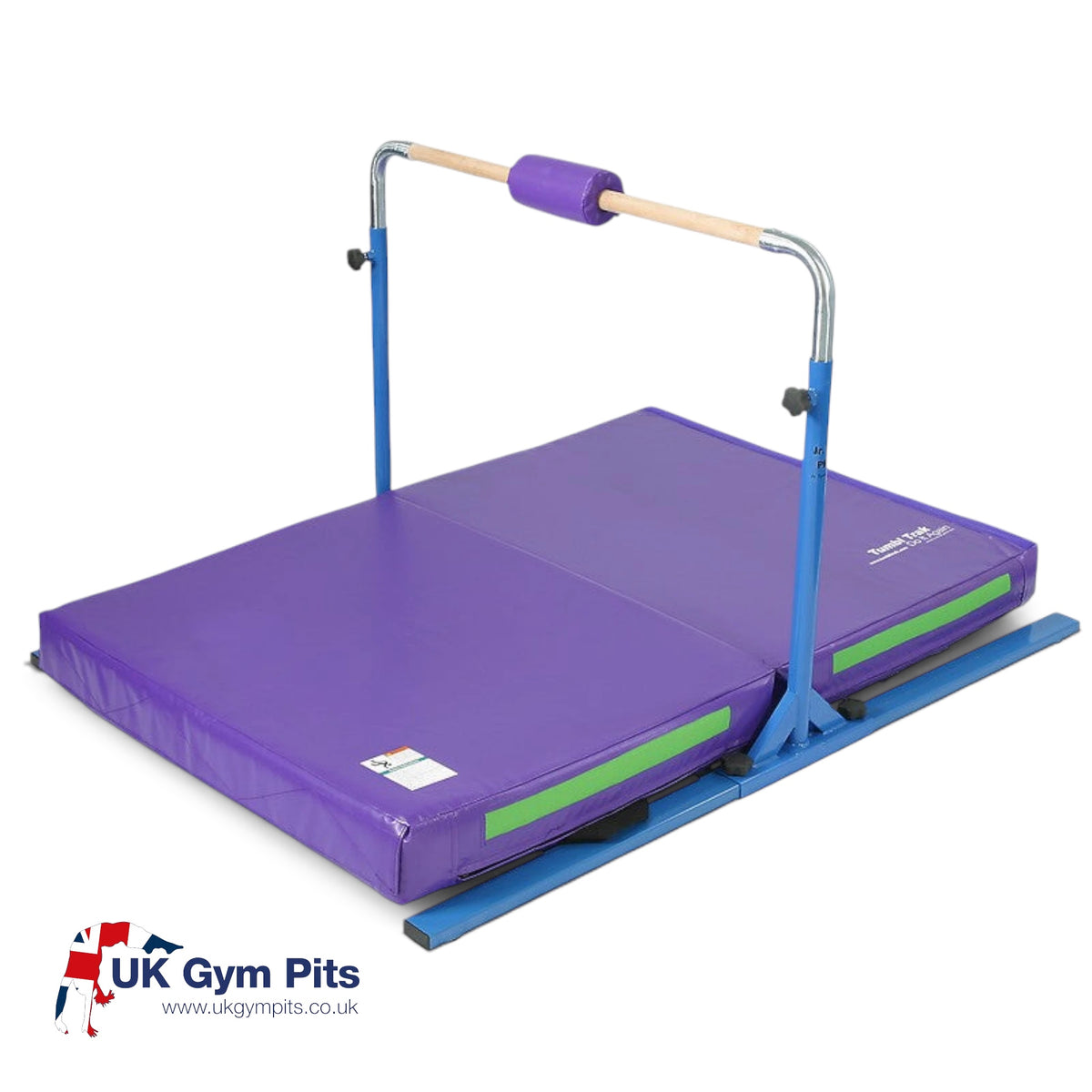 UK Gym Pits Junior Bar Pro package with blue steel frame, wooden bar, purple bar pad, and purple practice mat.