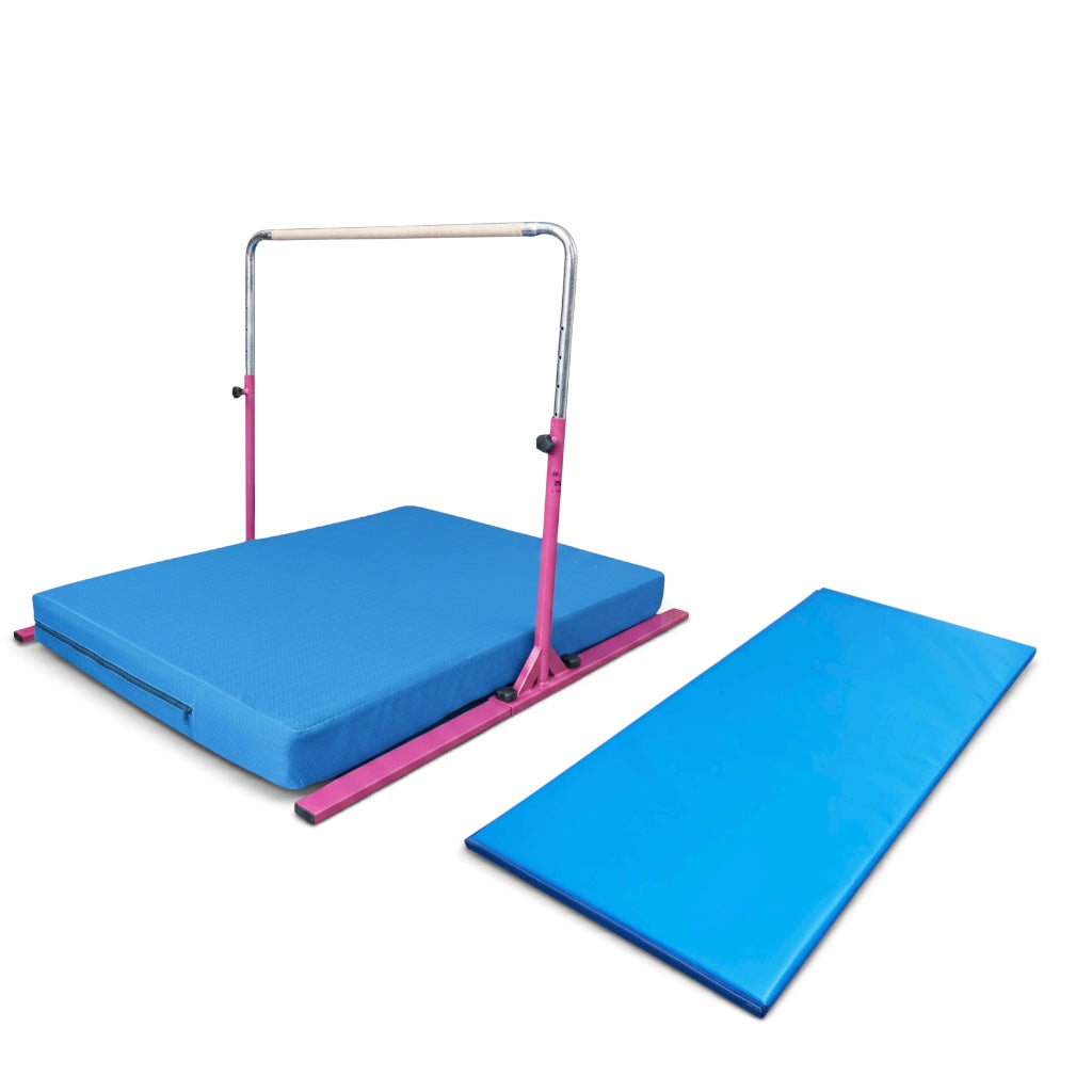 UK Gym Pits Junior Bar Pro package with pink adjustable gymnastics bar, blue practice mat, and build-a-mat panel.