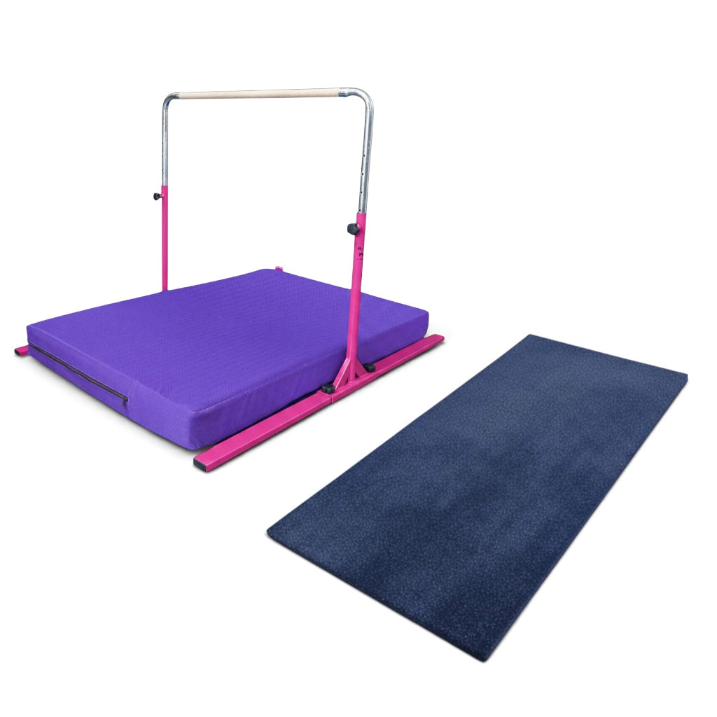 UK Gym Pits Junior Bar Pro package with pink gymnastics bar, purple practice mat, and blue build-a-mat floor panel.