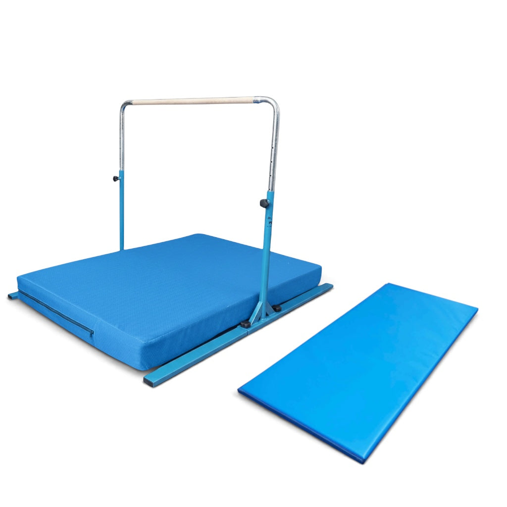UK Gym Pits Junior Bar Pro package with blue gymnastics bar, soft landing mat, and a separate build-a-mat panel.
