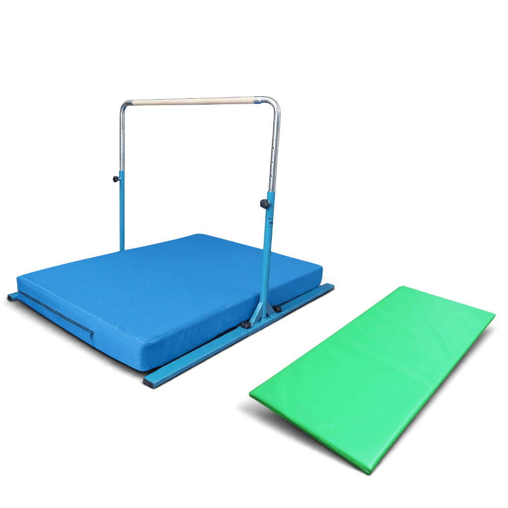 UK Gym Pits Junior Bar Pro package with blue gymnastics bar, blue practice mat, and a green build-a-mat panel.