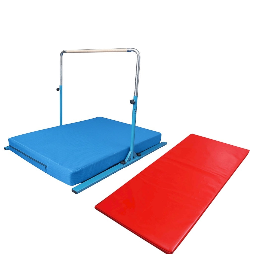 UK Gym Pits Junior Bar Pro package with blue gymnastics bar, soft landing mat, and a red build-a-mat floor panel.