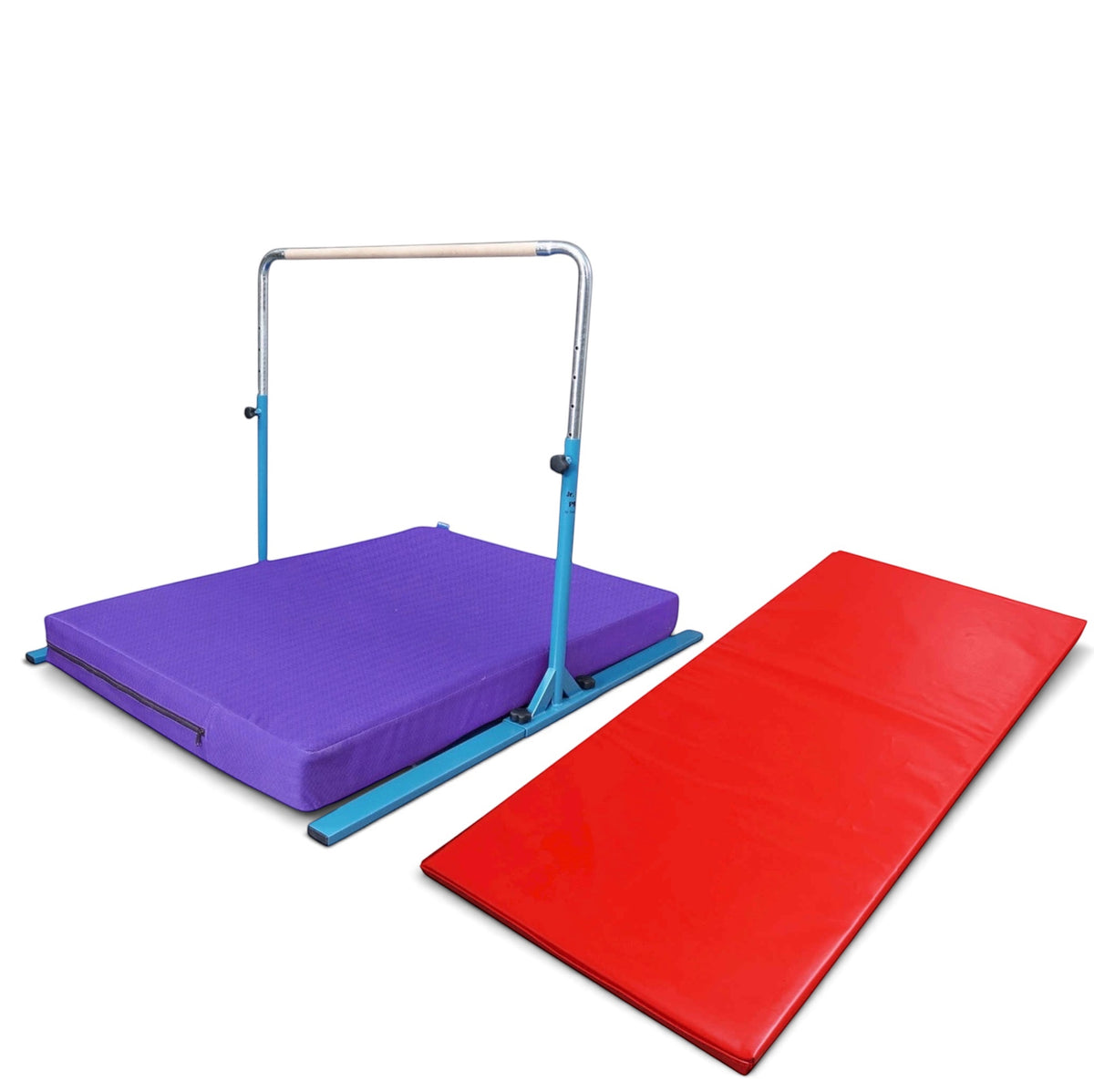 UK Gym Pits Junior Bar Pro package with blue steel bar, purple practice mat, and a red build-a-mat tumbling panel.