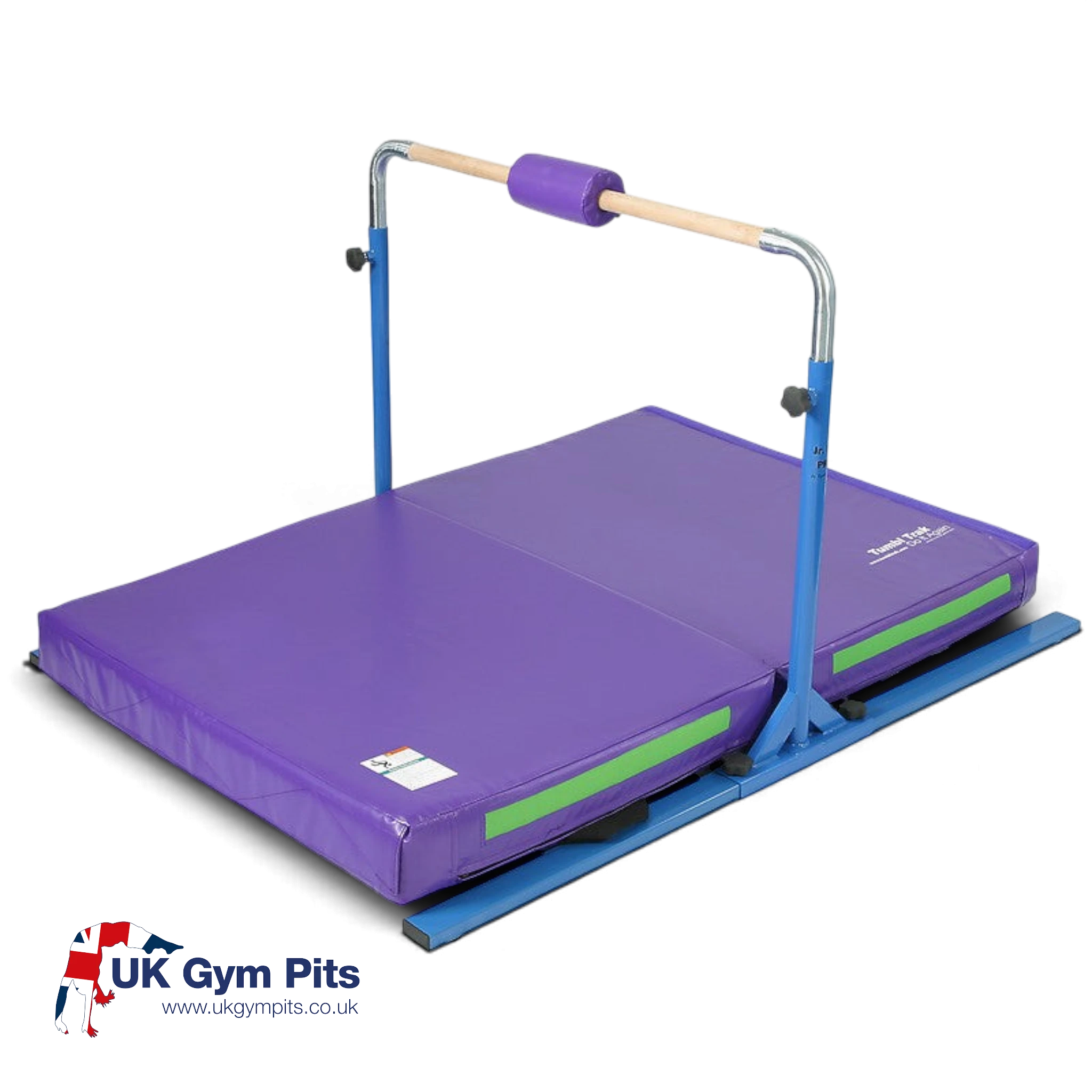 UK Gym Pits Junior Bar Pro package with blue steel frame, wooden bar, purple bar pad, and purple practice mat