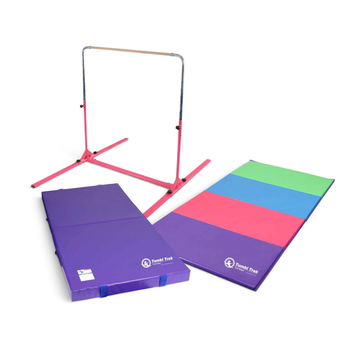 UK Gym Pits Junior Bar Pro package with pink gymnastics bar, purple practice mat, and multi-coloured tumbling mat.