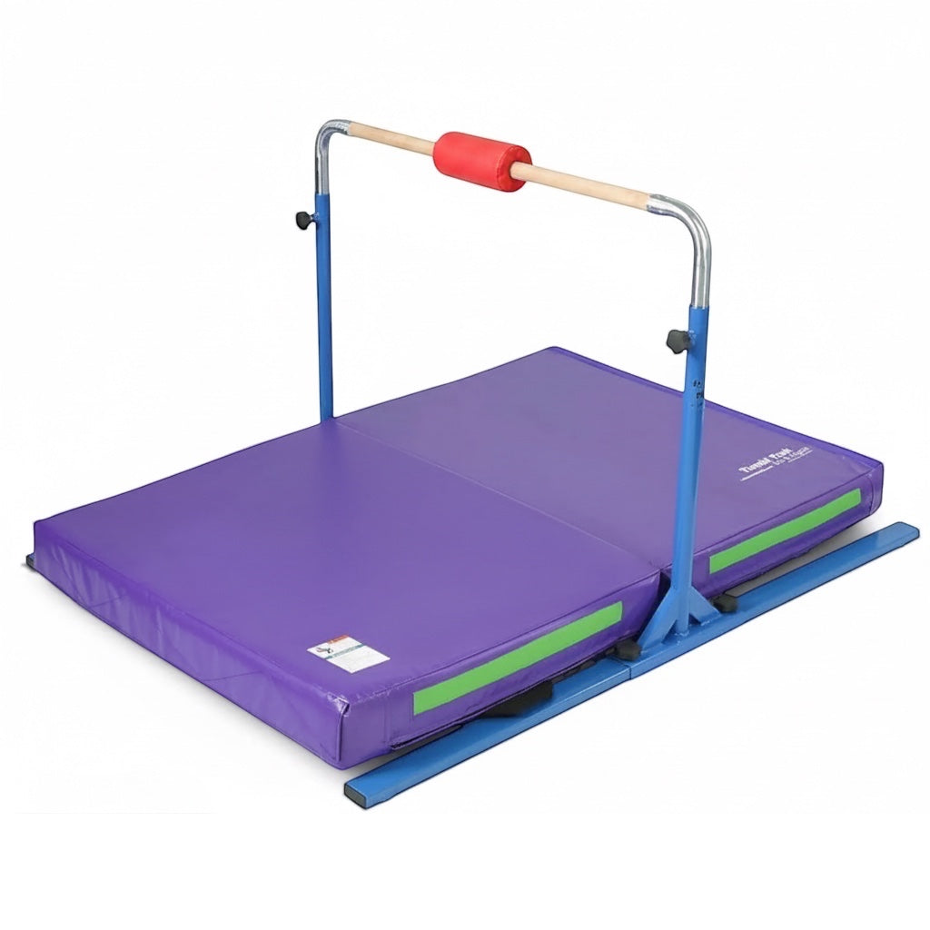 UK Gym Pits Junior Bar Pro package with a blue steel frame, wooden bar, red bar pad, and purple practice mat.