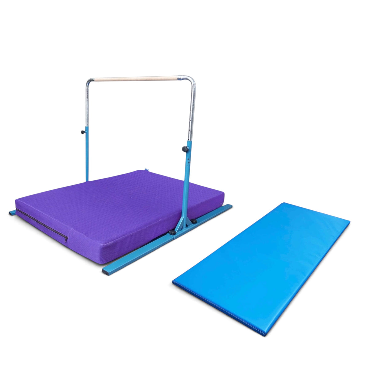UK Gym Pits Junior Bar Pro package with blue steel bar, purple practice mat, and blue build-a-mat for gymnastics.