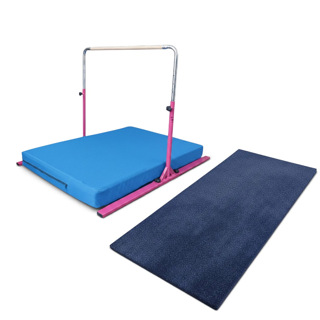 UK Gym Pits Junior Bar Pro package with pink steel frame, wooden bar, blue practice mat, and navy blue build-a-mat.