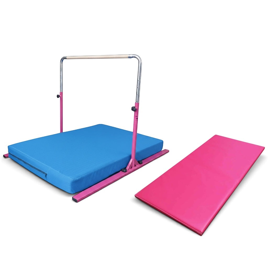 UK Gym Pits Junior Bar Pro package with pink steel frame, wooden bar, blue practice mat, and pink build-a-mat panel.