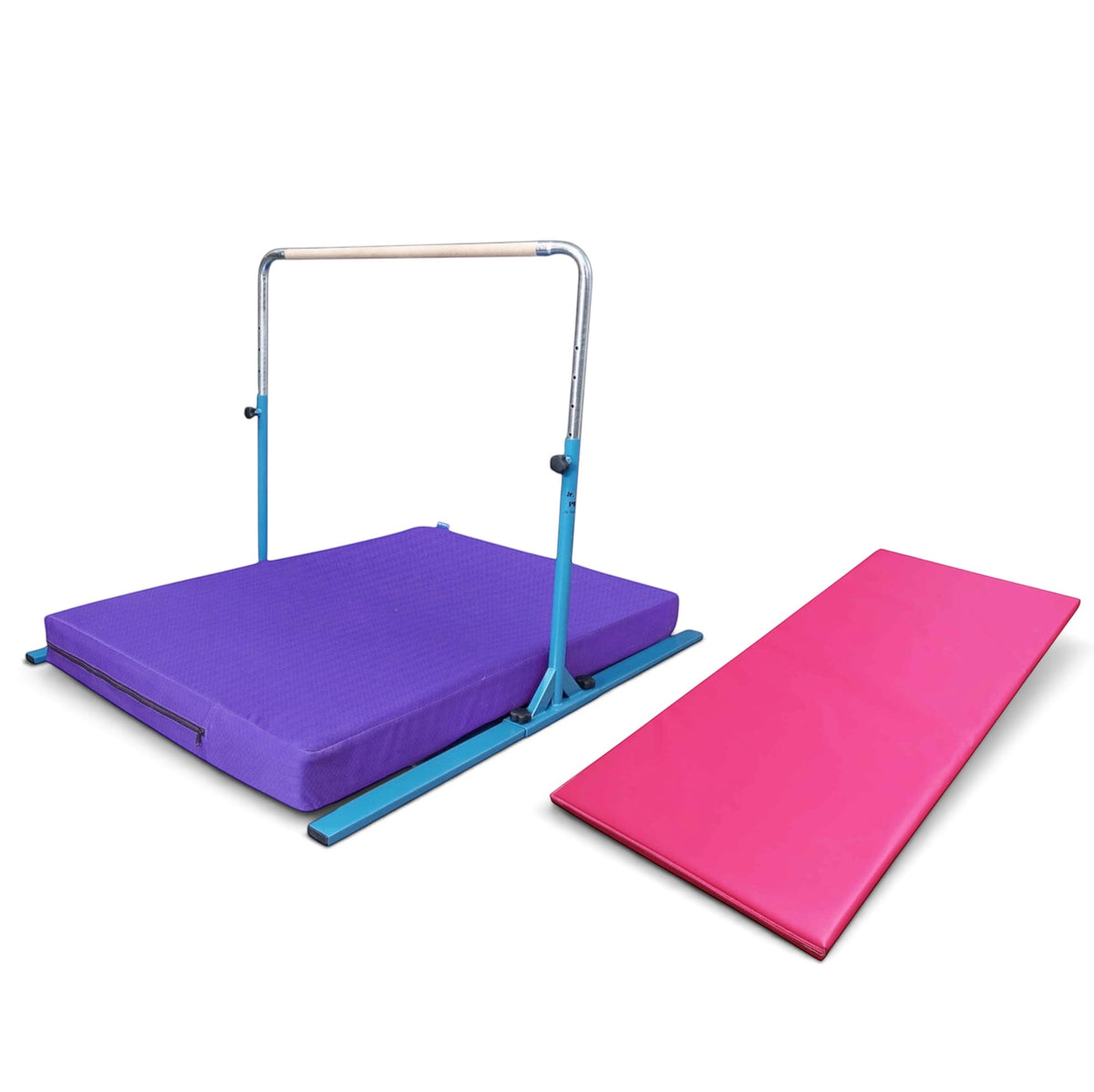 UK Gym Pits Junior Bar Pro package with blue steel bar, purple practice mat, and pink build-a-mat for gymnastics.