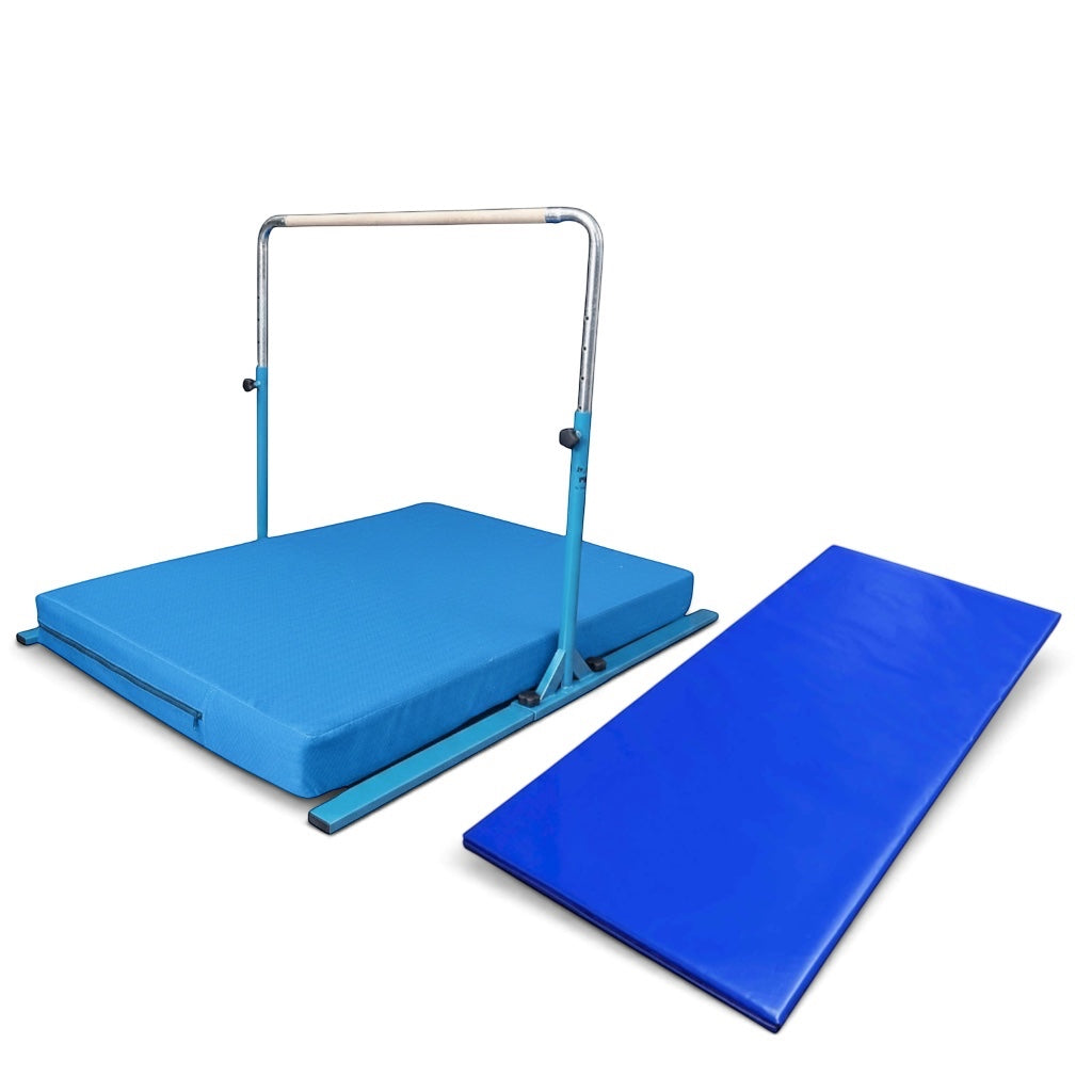 UK Gym Pits Junior Bar Pro package with blue gymnastics bar, soft practice mat, and additional tumbling mat.