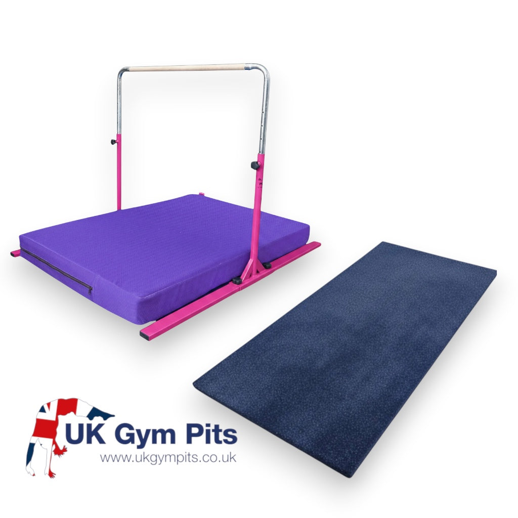 UK Gym Pits Junior Bar Pro package featuring a pink gymnastics bar, purple practice mat, and a blue build-a-mat.