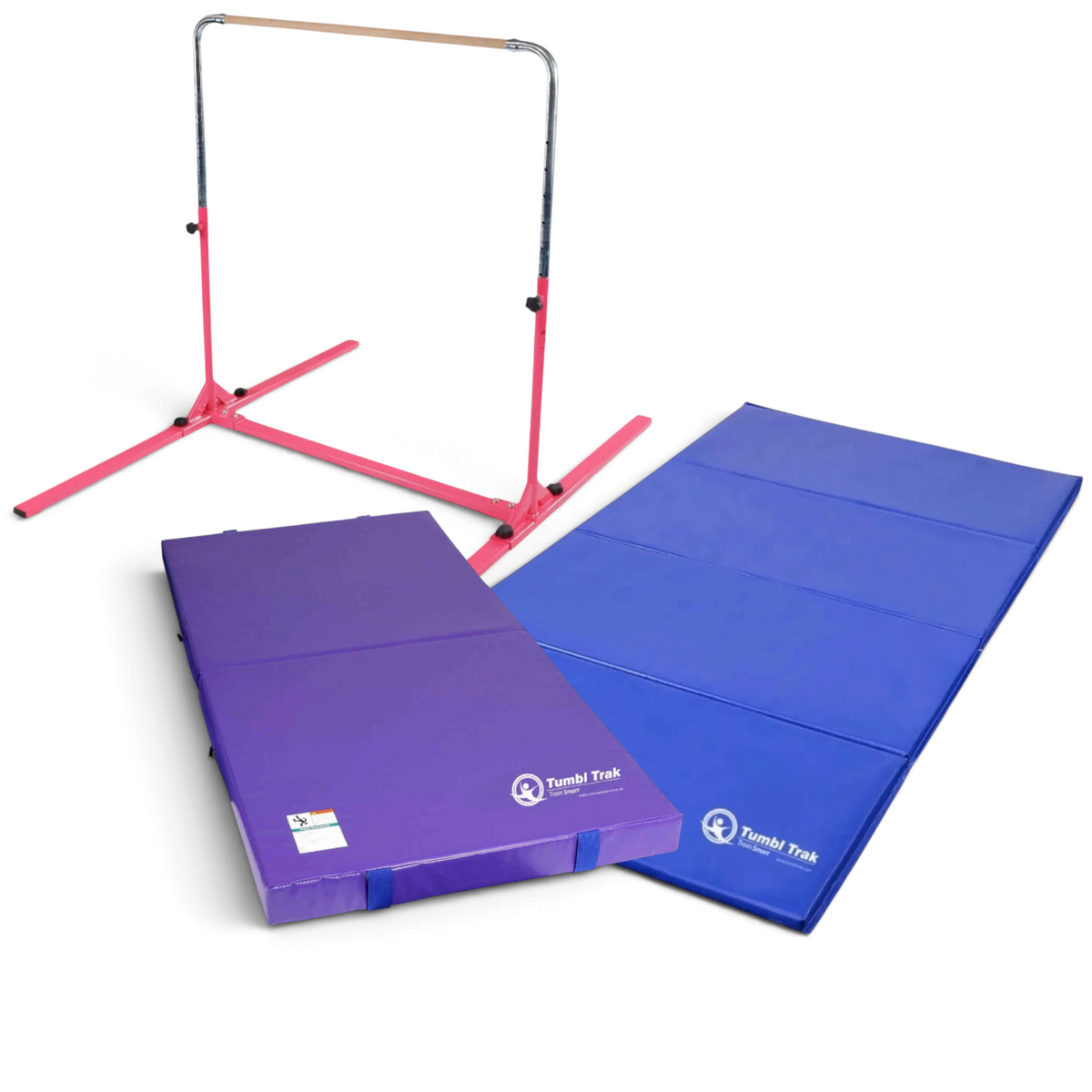 UK Gym Pits Junior Bar Pro package with pink gymnastics bar, purple practice mat, and blue folding tumbling mat.