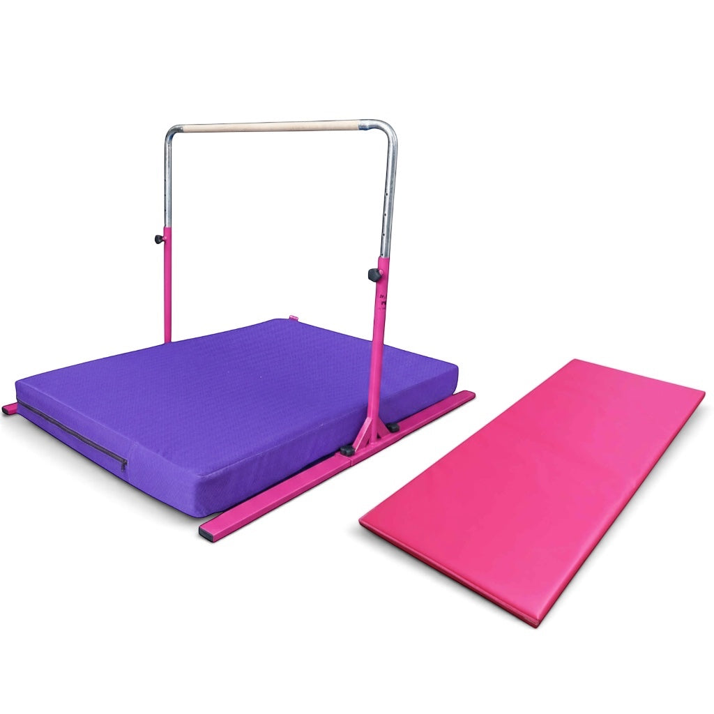 UK Gym Pits Junior Bar Pro package with pink adjustable gymnastics bar, purple practice mat, and pink build-a-mat.