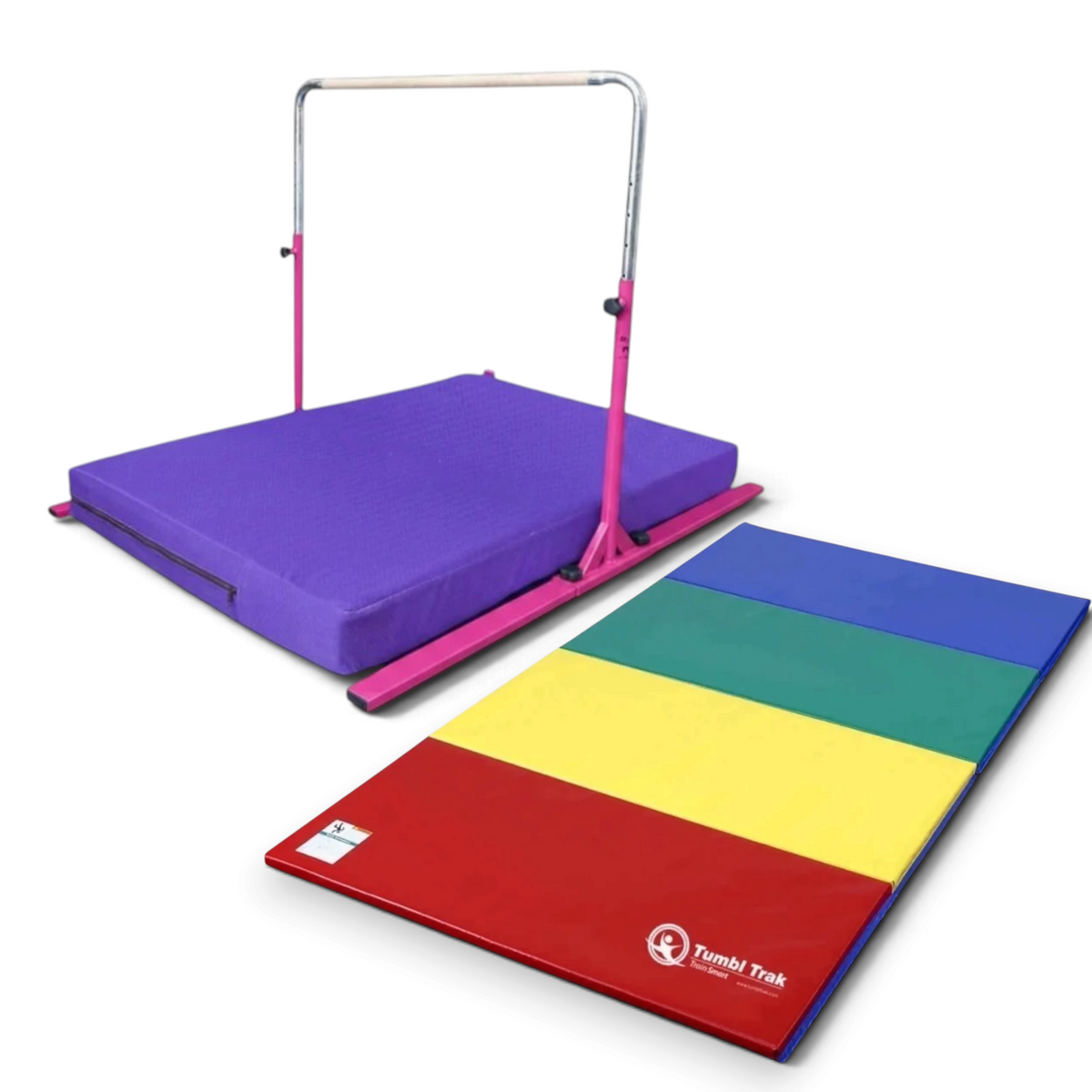 UK Gym Pits Junior Bar Pro package with pink gymnastics bar, purple practice mat, and a multi-coloured tumbling mat.