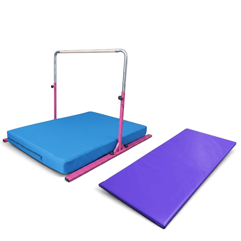 UK Gym Pits Junior Bar Pro package with pink gymnastics bar, blue practice mat, and purple build-a-mat floor panel.