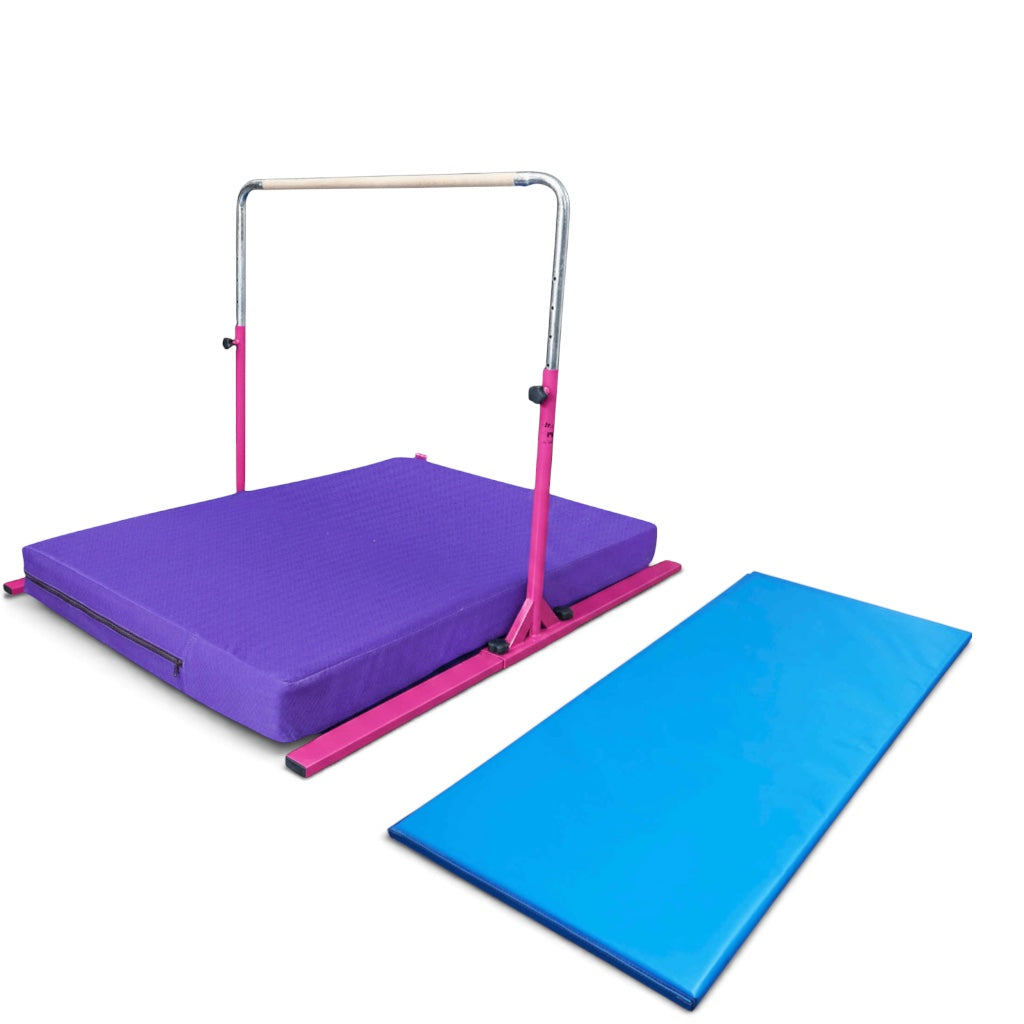 UK Gym Pits Junior Bar Pro package with pink gymnastics bar, purple practice mat, and blue build-a-mat panel.