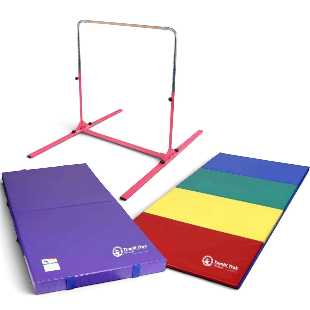 UK Gym Pits Junior Bar Pro package with pink gymnastics bar, purple practice mat, and multi-coloured folding tumbling mat