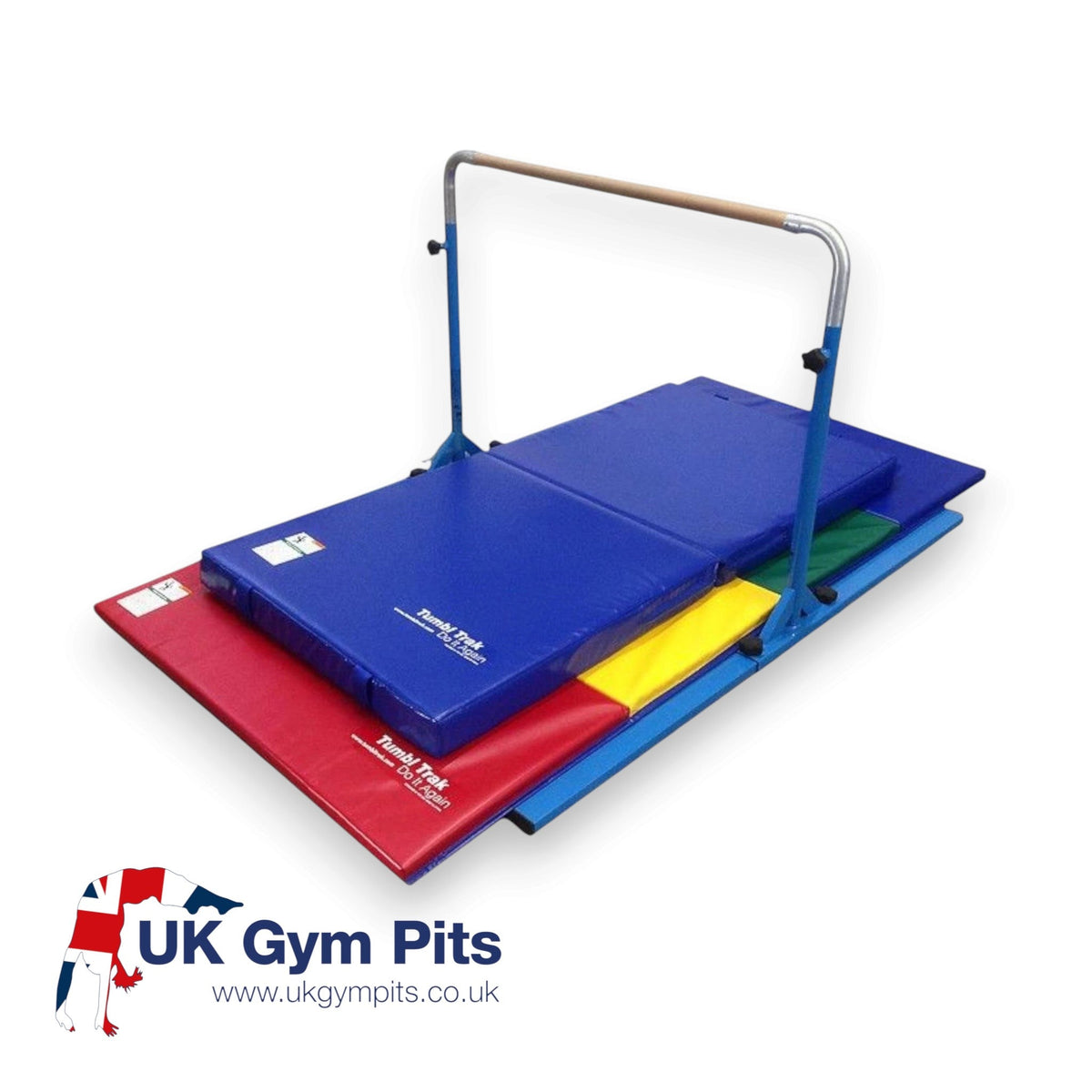 UK Gym Pits Junior Bar Pro Package 2 with blue steel bar, wooden rail, and multi-coloured tumbling and practice mats.