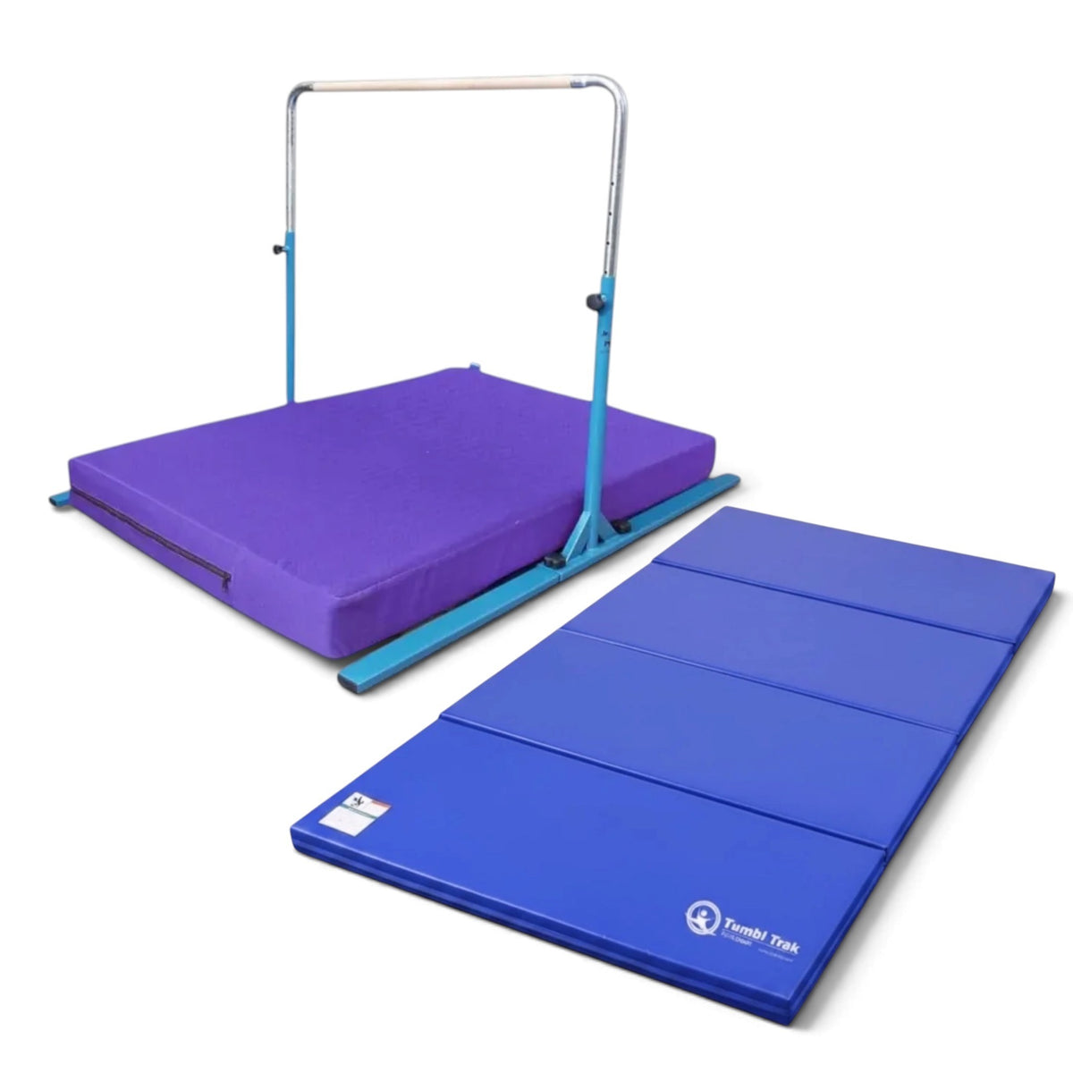 UK Gym Pits Junior Bar Pro gymnastics set with a blue steel bar, purple practice mat, and a blue folding tumbling mat.