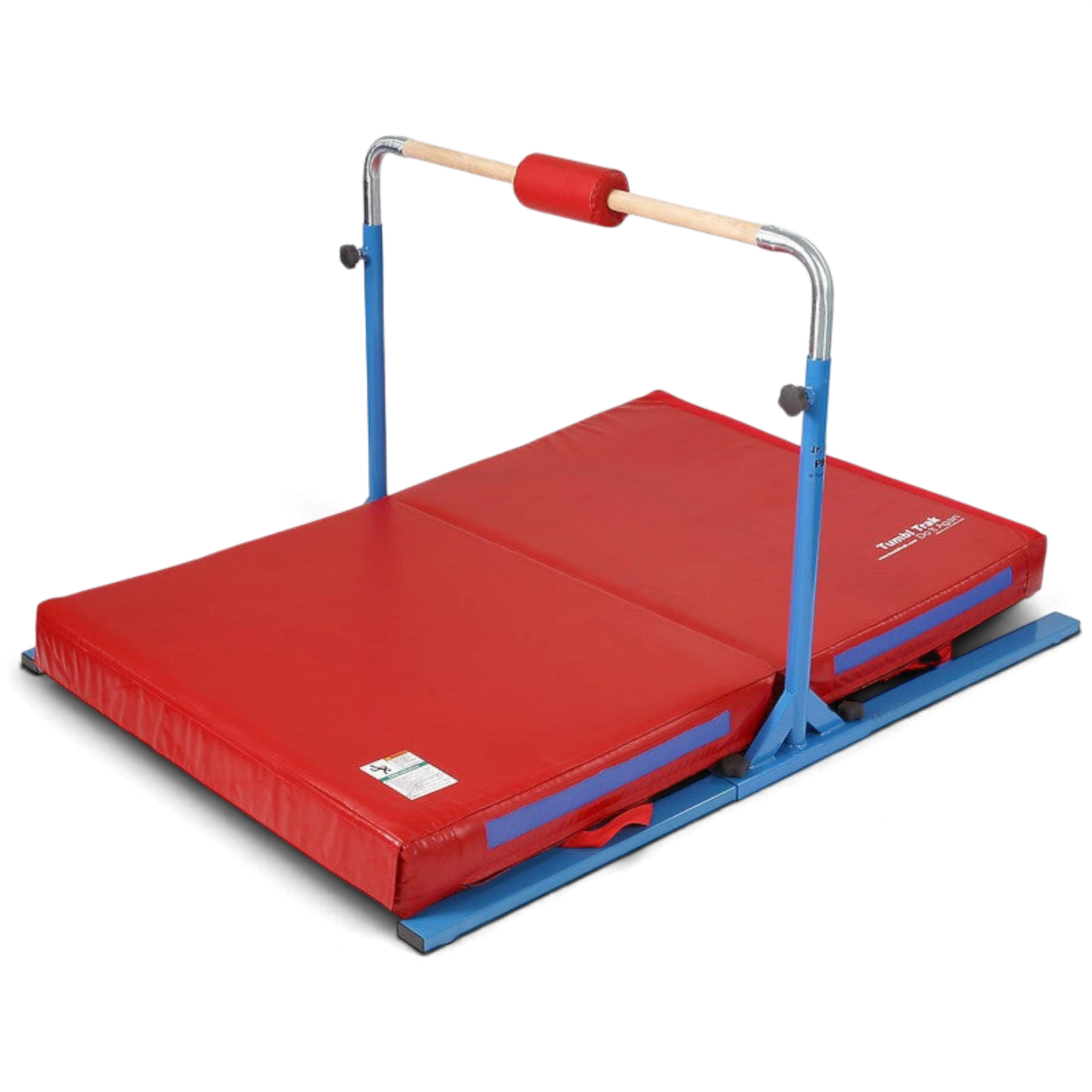 UK Gym Pits Junior Bar Pro gymnastics set with blue steel frame, wooden bar, red bar pad, and red practice mat.