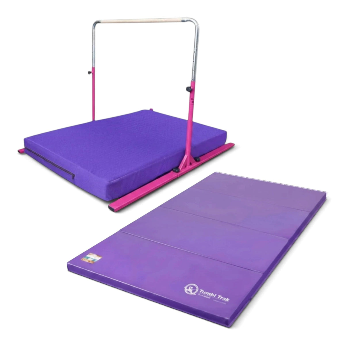 UK Gym Pits Junior Bar Pro gymnastics set with a pink adjustable bar, purple practice mat, and folding tumbling mat.
