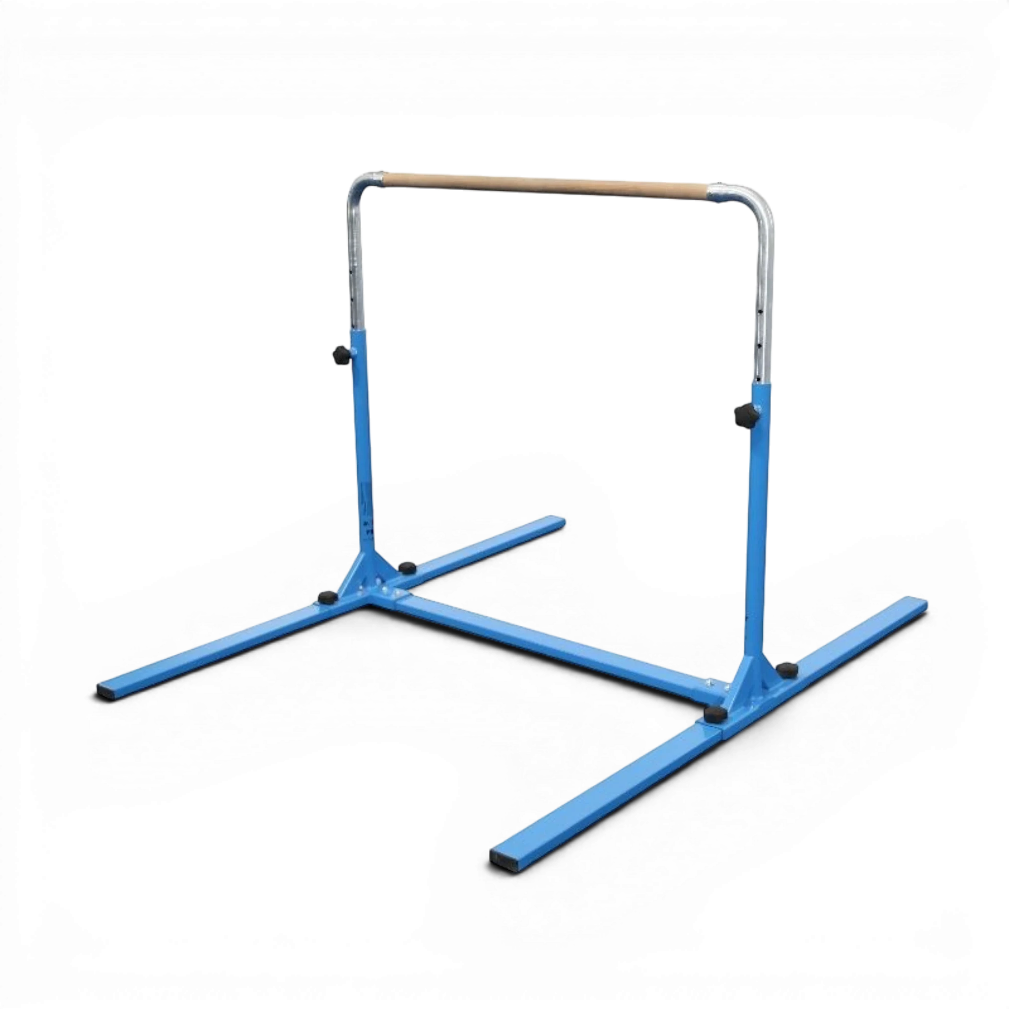 UK Gym Pits Junior Bar Pro gymnastics training bar with a blue steel frame and a solid maple wood bar.