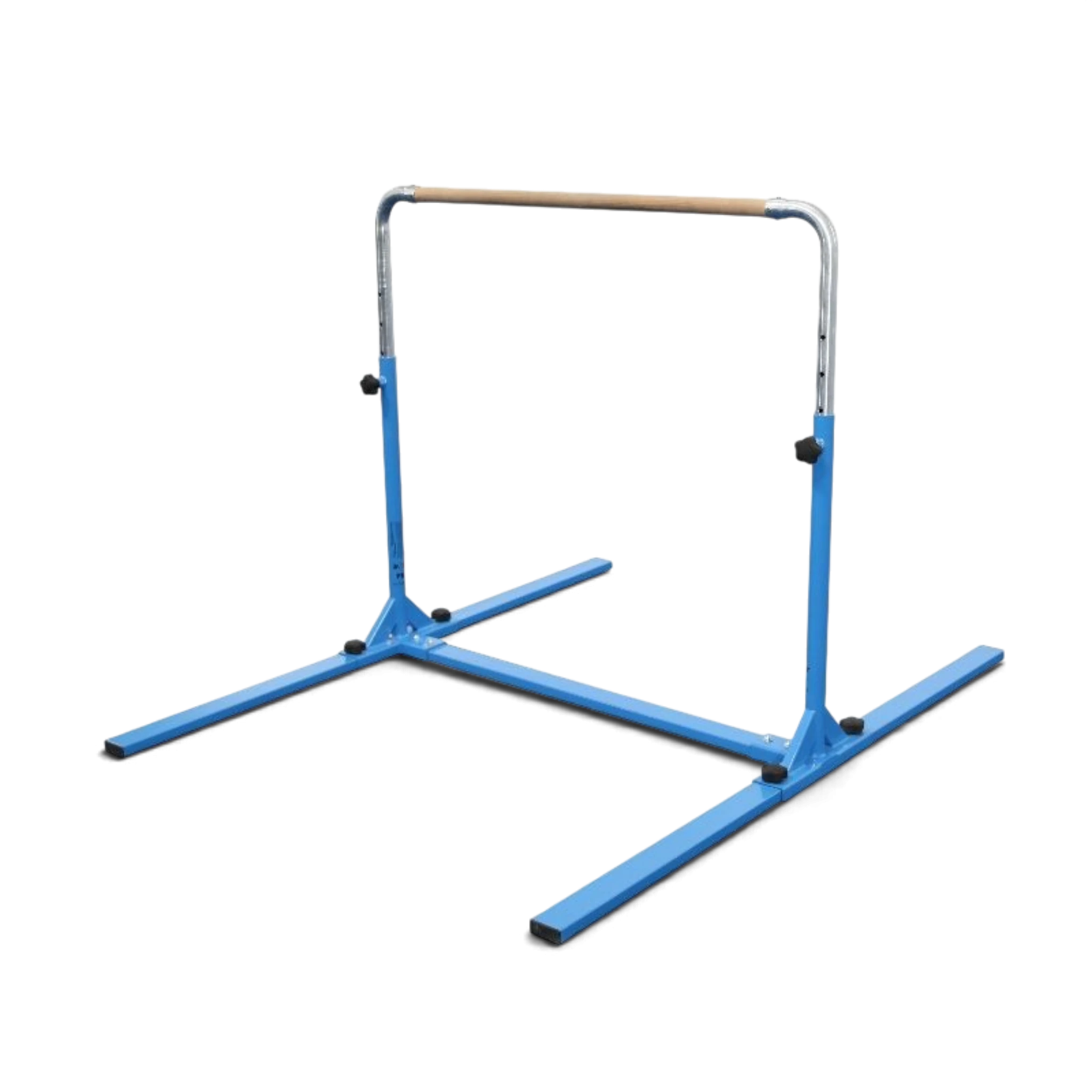 UK Gym Pits Junior Bar Pro gymnastics training bar with a blue steel frame and a solid wood bar on a black background
