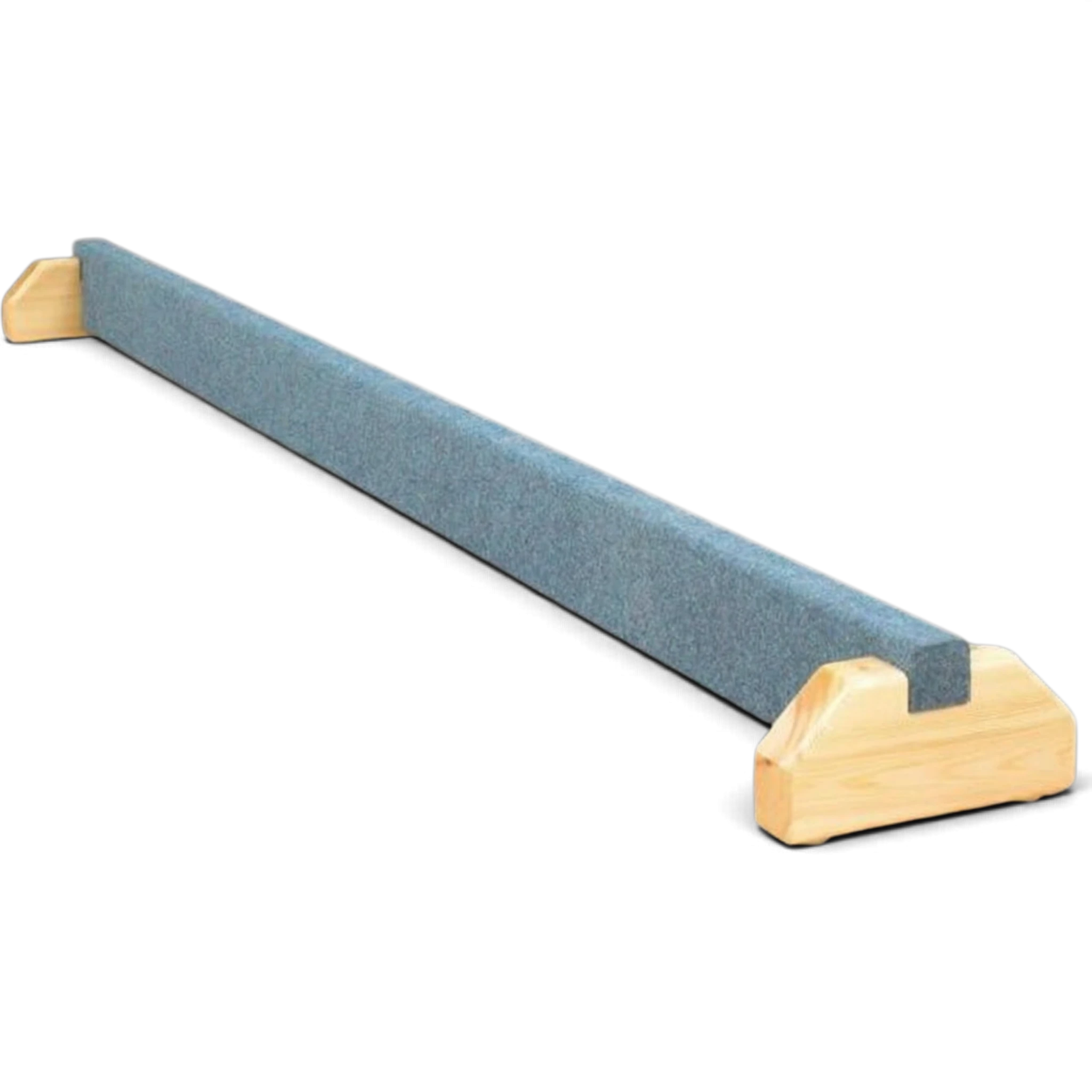 UK Gym Pits junior balance beam with a grey carpeted finish and natural timber support legs on a black background