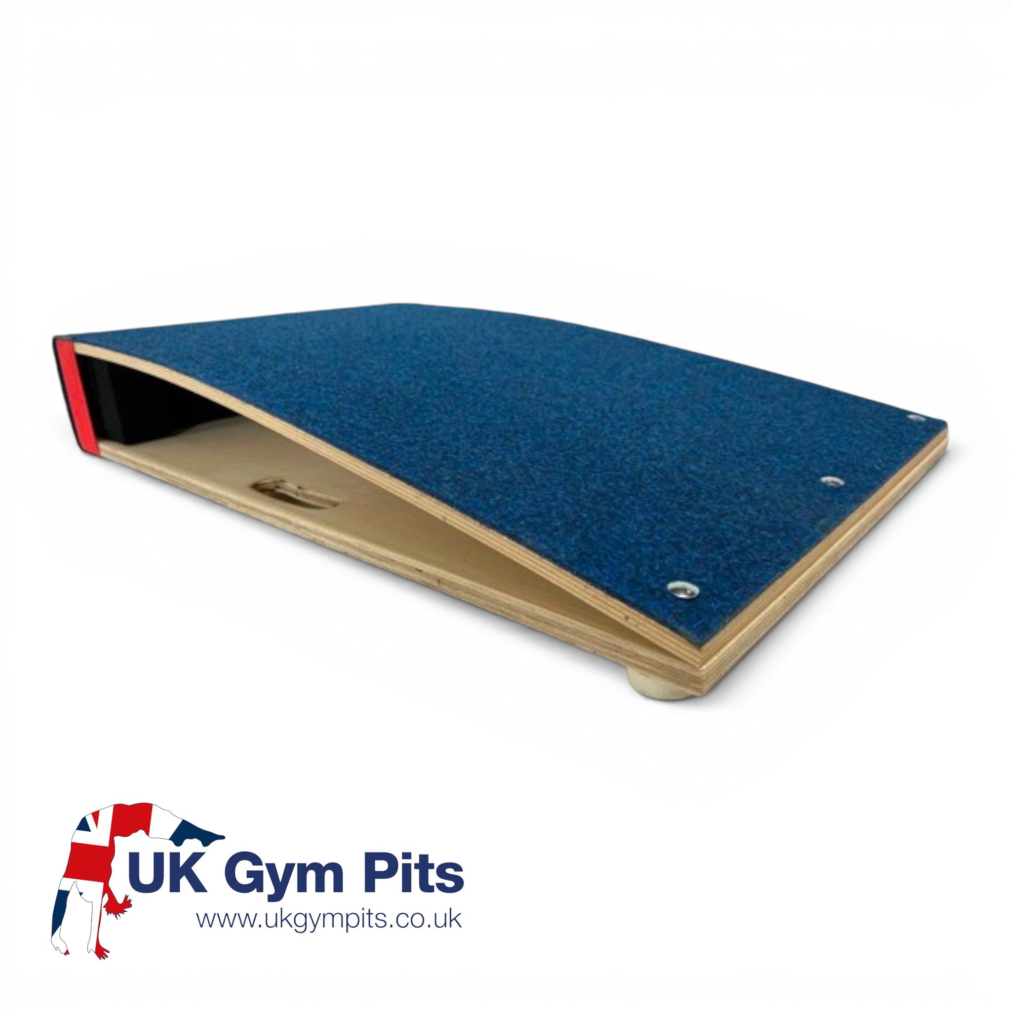 UK Gym Pits junior gymnastics springboard made of birch plywood with a blue antimicrobial carpet surface