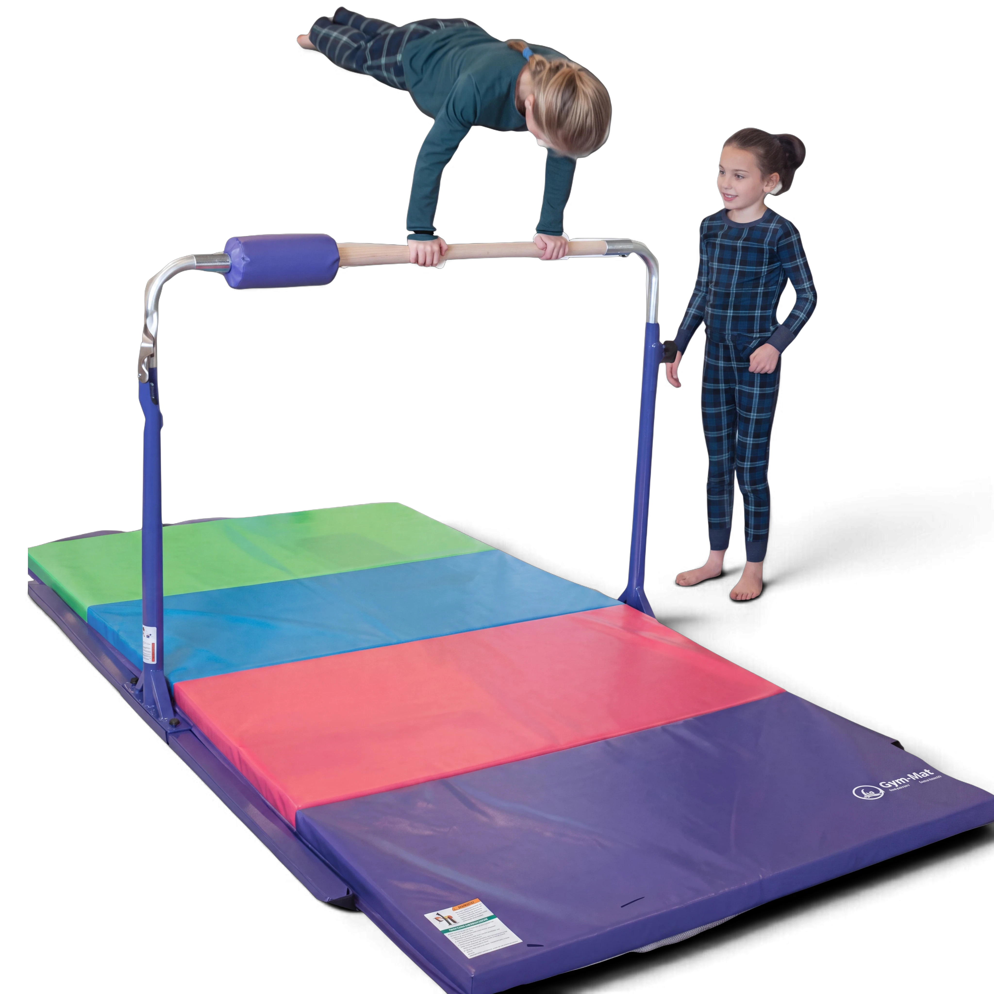 UK Gym Pits junior kip bar with maple wood rail and multi-coloured folding tumbling mat for home gymnastics training