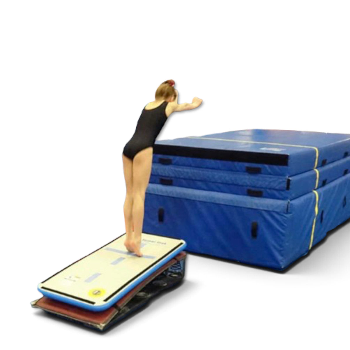 UK Gym Pits Junior Sweet Spot air mat with hand and foot placement markings being used by a gymnast on a vault board