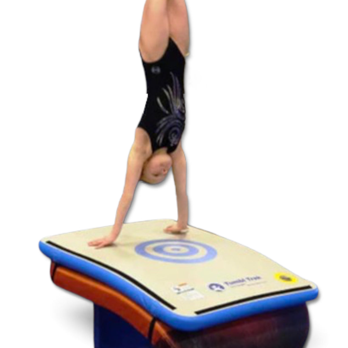 UK Gym Pits Junior Sweet Spot air mat with hand placement markings being used by a gymnast for a handstand on a vault