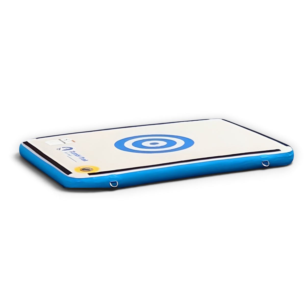 UK Gym Pits Junior Sweet Spot inflatable gymnastics training mat with blue and white target markings on a denim top.