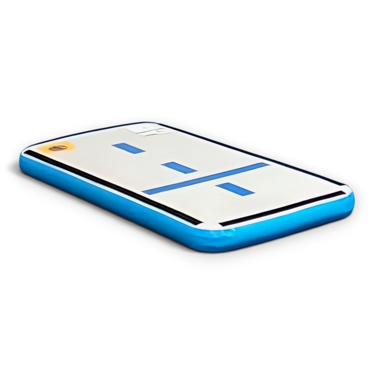 UK Gym Pits Junior Sweet Spot inflatable gymnastics mat with blue sides and white top with hand placement markings.