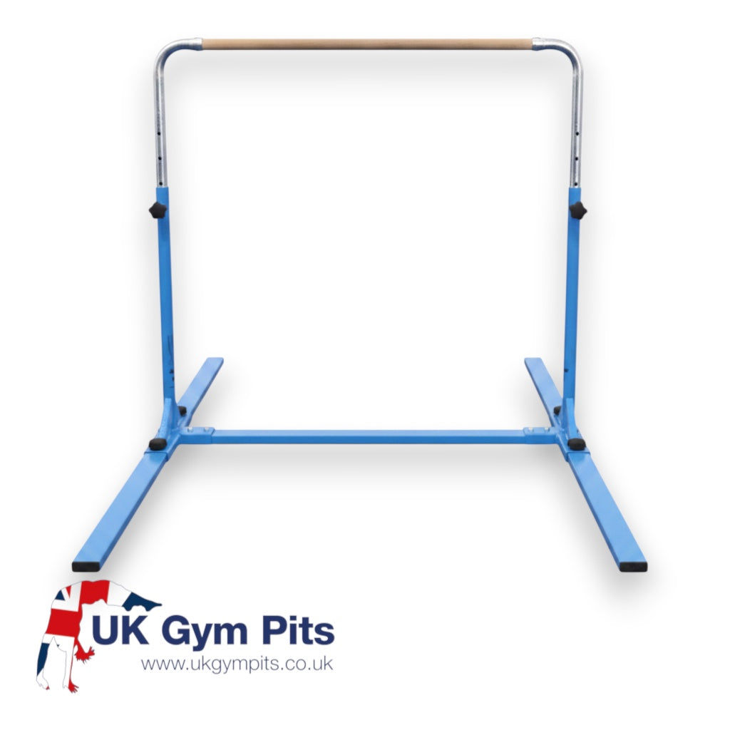 UK Gym Pits Junior Training Bar Pro in blue with a solid maple wood bar and adjustable powder coated steel frame.