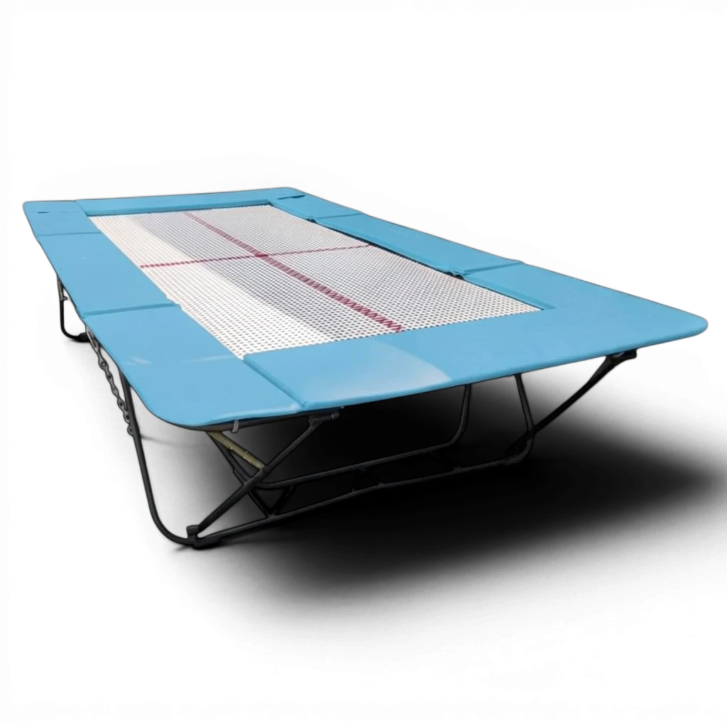 UK Gym Pits junior trampoline with a white web bed and light blue protective frame pads on a black background.