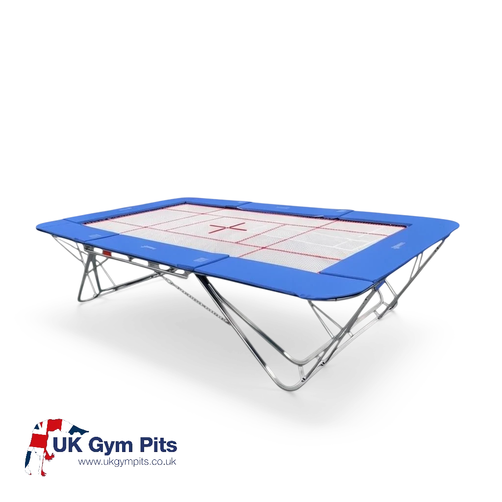 UK Gym Pits junior trampoline with blue frame pads and a white web bed, suitable for gymnastics and home training.