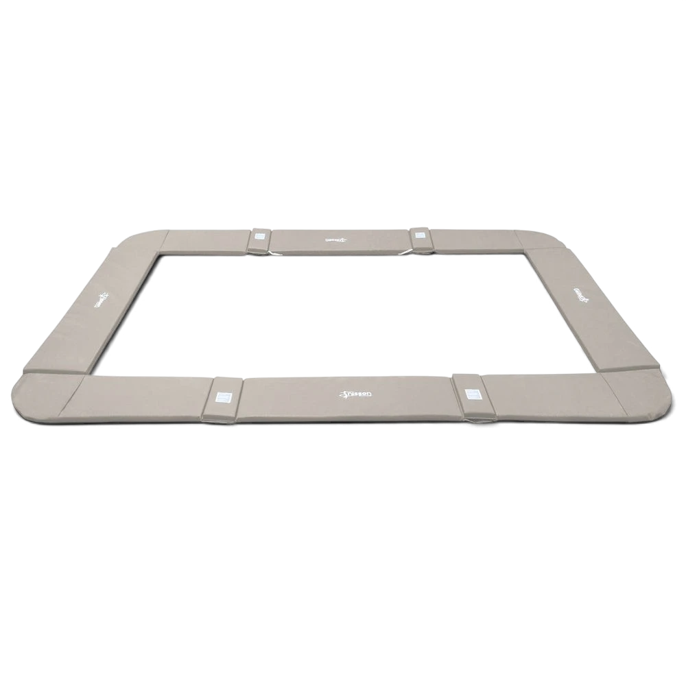 UK Gym Pits junior trampoline replacement frame pads in grey PVC with elasticated straps on a black background