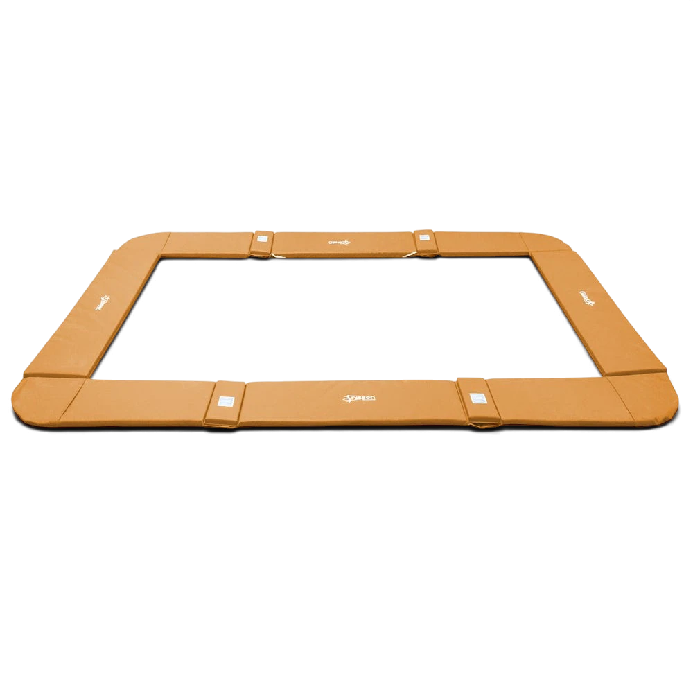 UK Gym Pits junior trampoline rectangular foam and PVC coverall frame pads in tan with elasticated straps