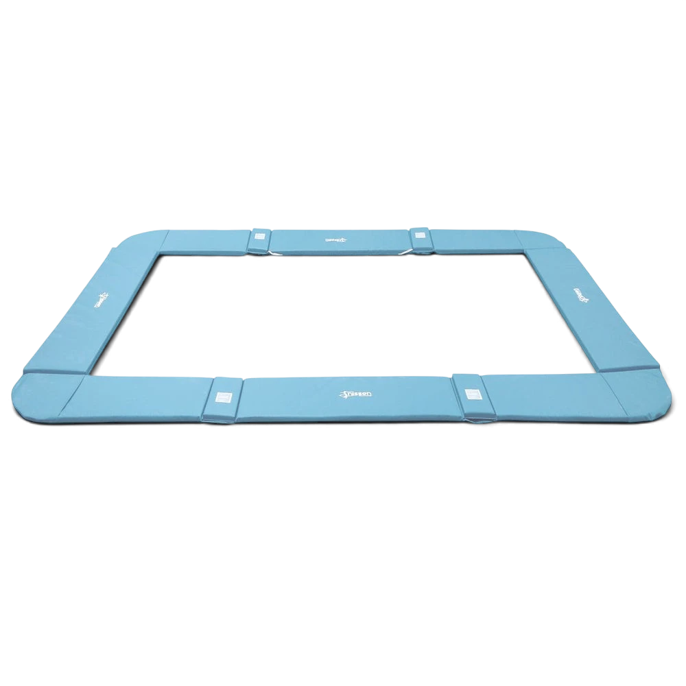 UK Gym Pits light blue foam and PVC coverall frame pads for a junior trampoline with elasticated straps