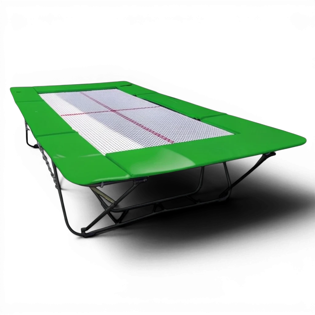 UK Gym Pits junior trampoline with a white web bed and bright green protective frame pads on a black background