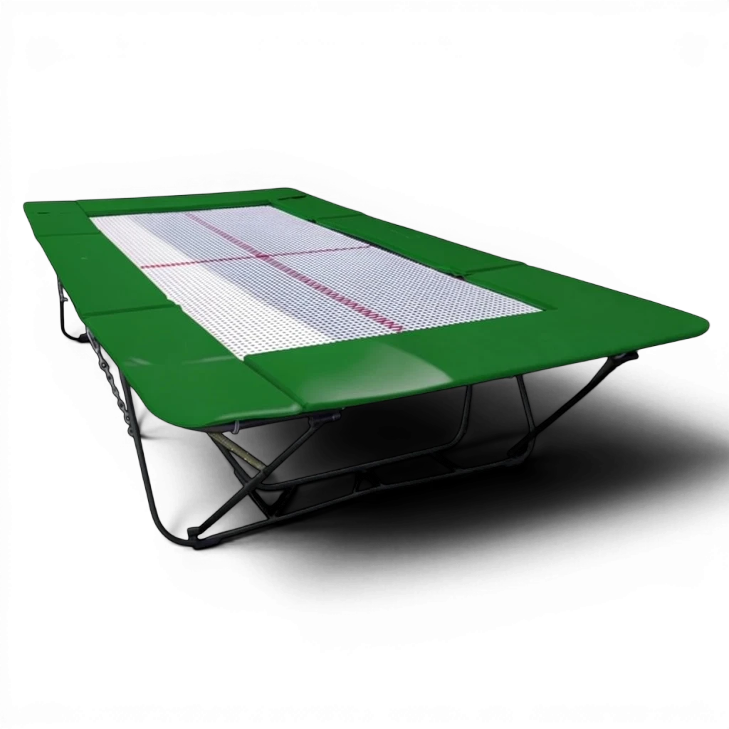 UK Gym Pits junior trampoline with green frame pads and a white webbed jumping surface for gymnastics training.